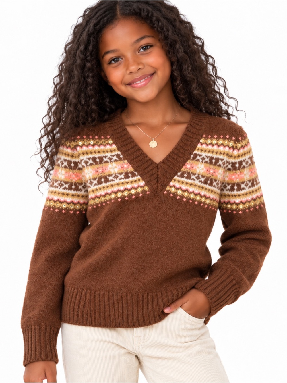 Cherokee Girls Brown Fair Isle Sequin Embellished V-Neck Sweater Large 8/10 NWT